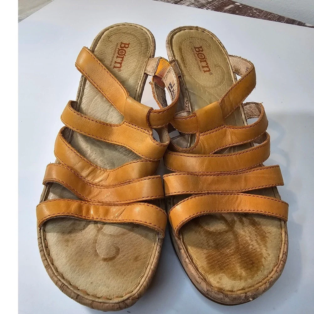 Born Mustard Yellow color Leather Cork Strappy Wedge Sandals Womens 8
